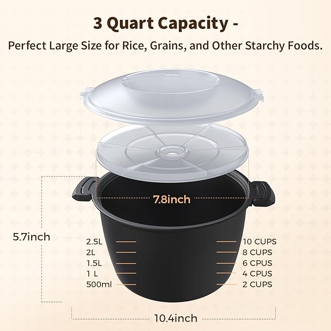 Professional Large Micro Cookware 3 Quart Microwave Rice Cooker Microwave Steamer for Vegetables Safe as Mixing and Serving Bowls Food Storage Container Cooker for Microwave- BPA Free Dishwasher