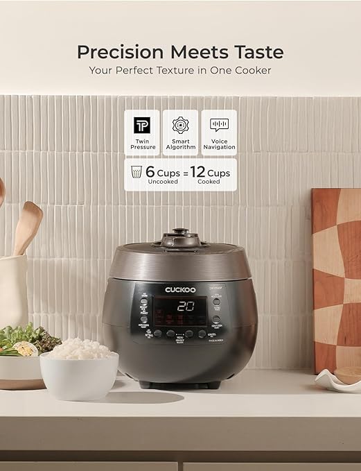 CUCKOO Twin Pressure Rice Cooker 6-Cup Uncooked / 12-Cup Cooked with Nonstick Inner Pot Versatile Rice Maker &amp Warmer with 14 Menu Options Voice Guide Auto Clean Black (CRP-RT0609FB)