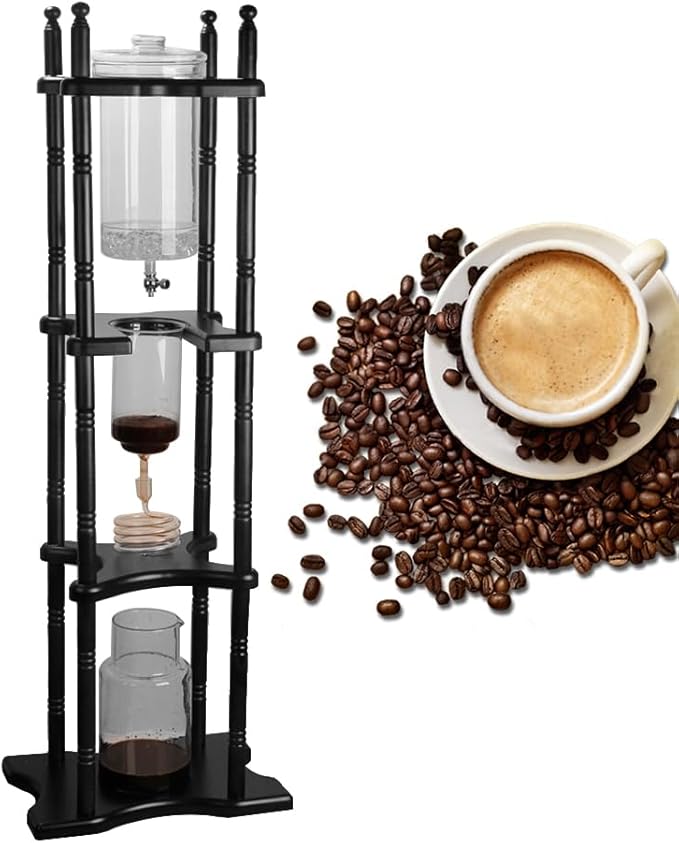 Ice Drip Coffee Maker 84.54 oz Retro Household Cold Brew Coffee Makers with Vertical Japanese Style Glass Container and Wood Stand Drip Coffee Pot for Commercial Office (Brown)