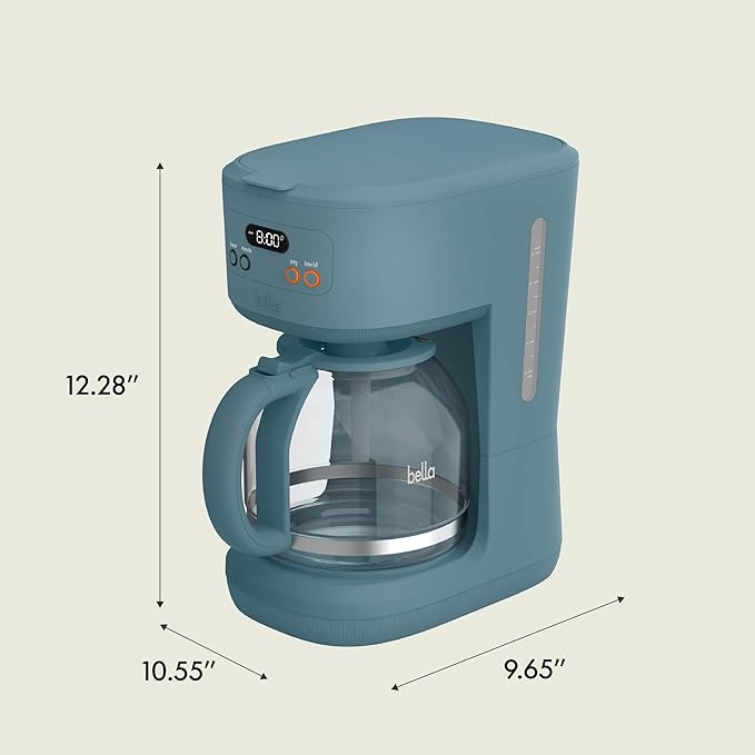 bella 12 Cup Programmable Coffee Marker Reusable Dishwasher Safe Accessories Easy LCD diaply Auto Shutoff 900 watt Surf