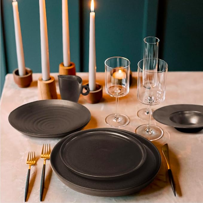 Artesa Organics Atmosfera Slate Gray Ceramic Dinnerware Set Handmade 4-Piece Place Setting with 11-inch Dinner Plate 8-inch Salad Plate Bowl Cup