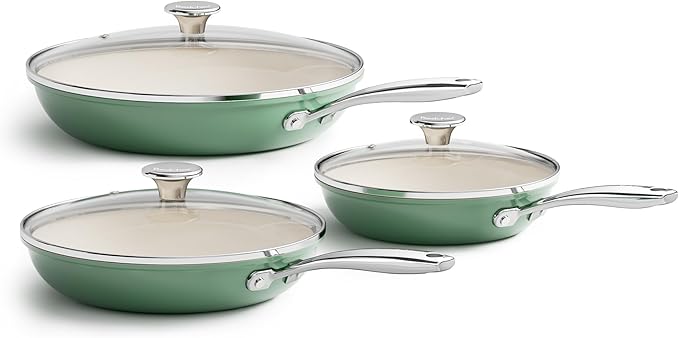 Redchef Nonstick 6-Piece Fry Pan Set 8 9.5 and 11 Inch Frying Pans with Tempered Glass Lids Stay-Cool Handles Dishwasher &amp Oven Safe Induction Safe Compatible with All Cooktops Green