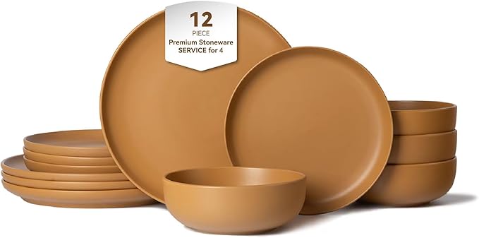 12-Piece Stoneware Dinnerware Set for 4 10 Plates &amp 7.5 Salad Plates &amp 5.9 Bowls Microwave &amp Dishwasher Safe Stackable Matte Glaze Kitchenware Chip &amp Scratch Resistant(Orange)
