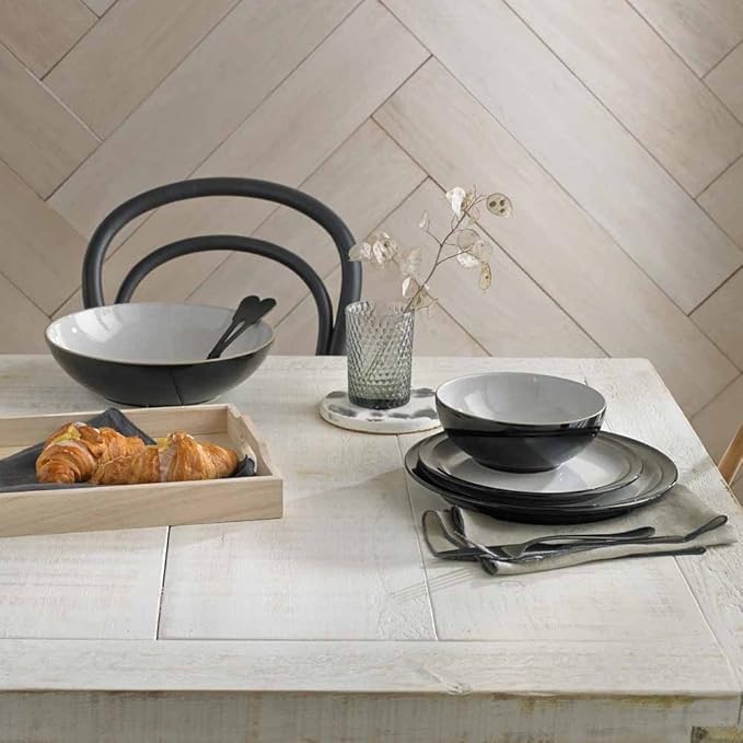 Denby Elements Black Dinnerware Set - 4/12 Piece Ceramic Tableware - Dishwasher &amp Microwave Safe - 4 Dinner Plates 4 Medium Plates 4 Cereal Bowls