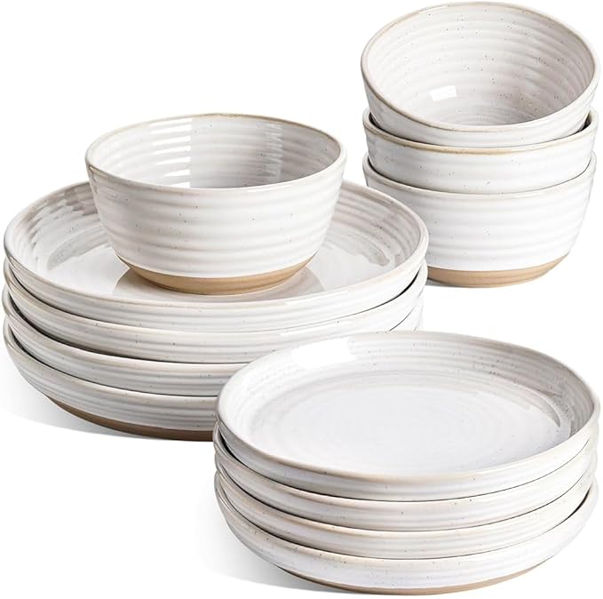 LE TAUCI Dinnerware Sets 12 PCS Ceramic Plates and Bowls Set For Housewarming (28 oz Cereal Bowl+ 8 Salad Dish+10 Dinner Plate) x 4 Oven safe Arctic White