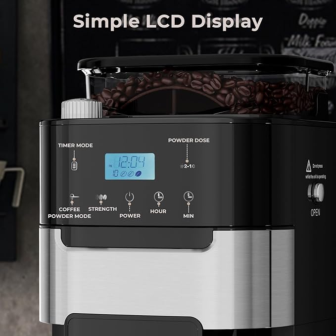 Drip Coffee Maker with Grinder Built In 10-Cup Grind and Brew Coffee Machine Fully Automatic Programmable with Brew Strength Permanent Filter Glass Carafe 50oz Water Tank Ideal for Home/Office