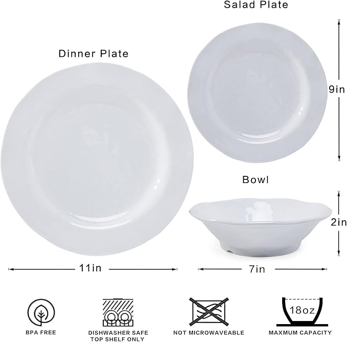 LEHAHA Basic White Melamine Dinnerware Sets 18 Piece melamine dishes set Service for 6 Plates and Bowls Sets Great for Indoor and Outdoor Use Dishwasher safe…