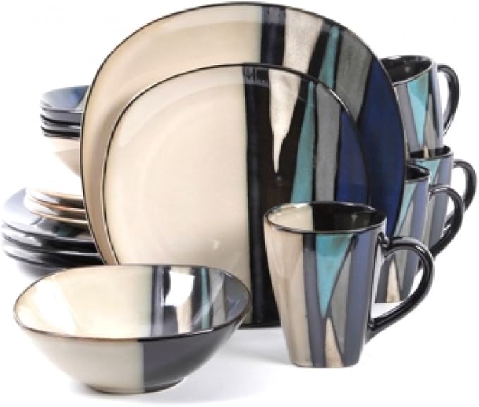 16-Piece Stoneware Dinnerware Set – Reactive Glaze Tribal &amp Contemporary Design Dishwasher &amp Microwave Safe (Available in Teal &amp Red) (Teal)