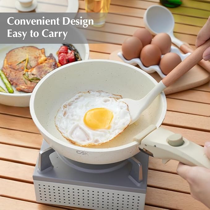 KOCH SYSTEME CS 17 PCS Pots and Pans Set Nonstick Cookware Set Detachable Handle Induction Kitchen Cookware Sets Non Stick with Removable Handle RV cookware set White