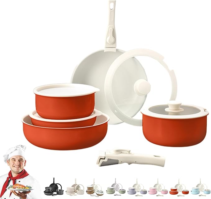 Cookware Set Cookware Set Removable Handle 5/9/11/15/17 Piece Stackables Oven Safe Super Easily Clean for Kitchen (Red15 Pcs)