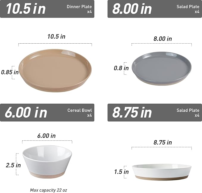 Famiware Saturn 16 Pieces Plates and Double Bowls Sets for 4 Stoneware Dinnerware Set with Pasta Bowl Dish Set with Trim - Chip &amp Scratch Resistant Microwave &amp Dishwasher Safe Multi-color