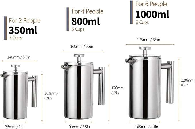 TARSHYRY French Press Coffee 350ml 800ml 1000ml French Press Coffee Maker Stainless Steel Double Walled Insulated Coffee Maker Pot Dishwasher Coffee Pot (800ml)