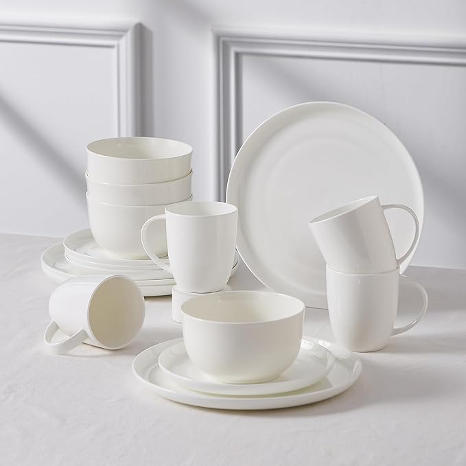 16Piece Bone China Dinnerware Set with Minimalist Pure White Design Embossed Plates Bowls mugs Chip-Resistant Lightweight Elegant and Durable Service for 4 White