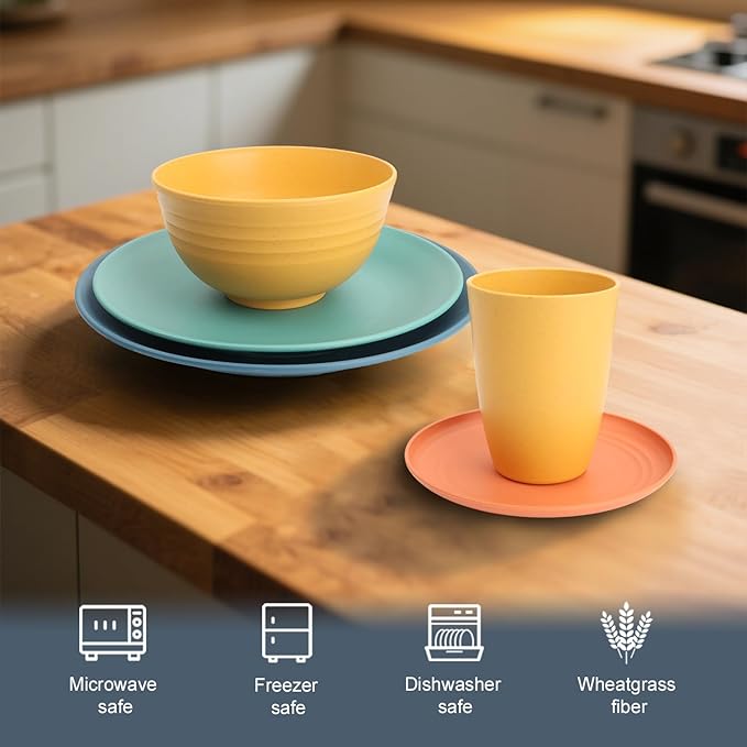 Wheat Straw Dinnerware Sets 40 PCS| Plates and Bowls Sets for 8 Unbreakable Dinner Plate Dessert Plates Cereal Bowl Drinking Cups Microwave Safe Dishes Set for Kitchen Outdoor - Multi