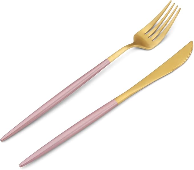 Matte Gold Silverware Set with pink handle Bysta 20-Piece Stainless Steel Flatware Set Kitchen Utensil Set Service for 4 Tableware Cutlery Set for Home and Restaurant Satin Finish Dishwasher Safe
