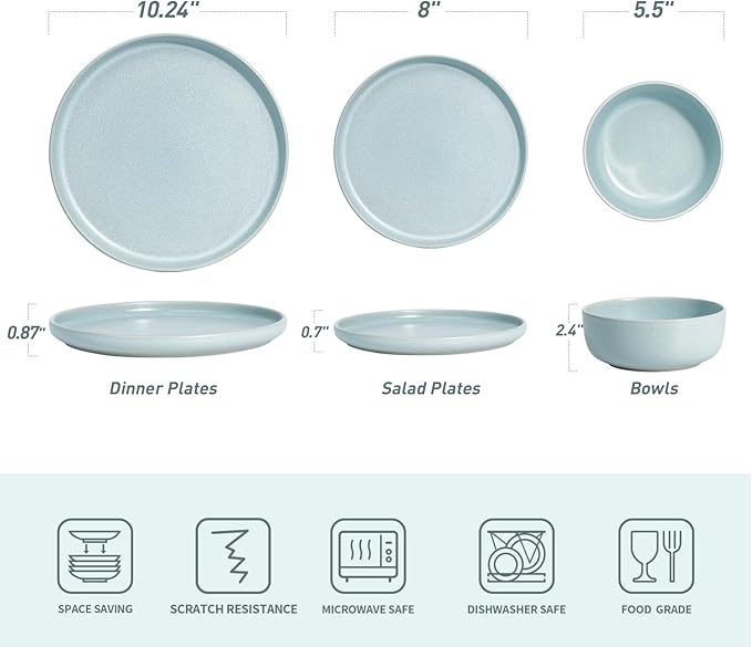 Famiware Milkyway Plates and Bowls Set 12 Pieces Dinnerware Sets and 4 Pieces Pasta Bowls Double Reactive Glaze Sturdy &amp Stackable Stoneware Dishes Set for 4 Light Blue