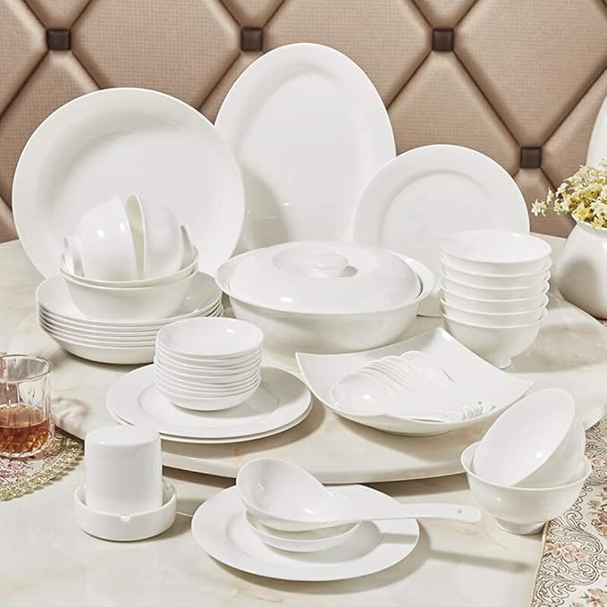 Ceramics Dinnerware Set with 48-PieceBowl/Stockpot/Dish/Spoon|Bone China Dinner SetsPorcelain Combination Set Pure White
