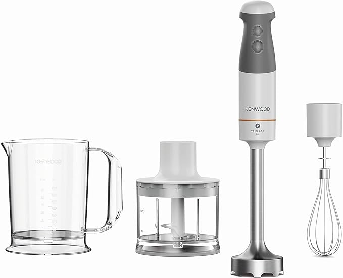 Kenwood HBM40.302WH TriBlade System 3 Blade Turbo 1 Speed Metal Rod 20 cm with Whisk Measuring Cup Shredder 0.5 L 850 W White