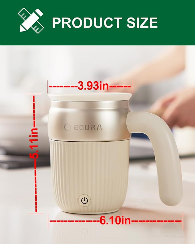 EQURA Automatic Self Stirring Coffee Mug Rechargeable Megnetic Auto Mixer Cup 15oz for Coffee/Milk/Tea/Cocoa for Home/Travel/Office Gifts for Birthday/Christmas (White)