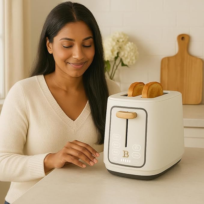 Bayfalcon 2 Slice Toaster with Touch-Activated Display White Icing Finish Wide Slots Bagel &amp Reheat Settings Adjustable Browning Removable Crumb Tray