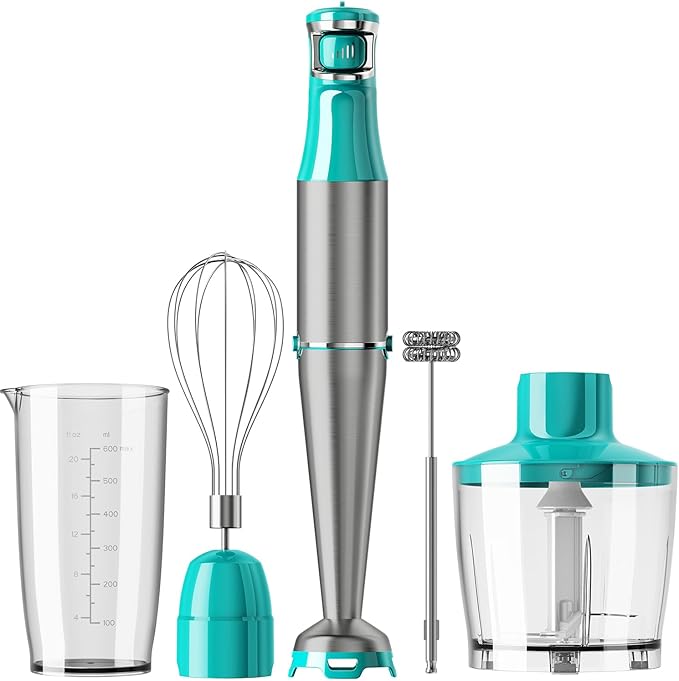 Immersion Blender Handheld Corded Hand Blenders Set 1100W Trigger Variable Speed 5 in 1 Stick Emulsifier with Chopper Whisk and Frother for Soup Baby Food and Smoothies Cyan Blue