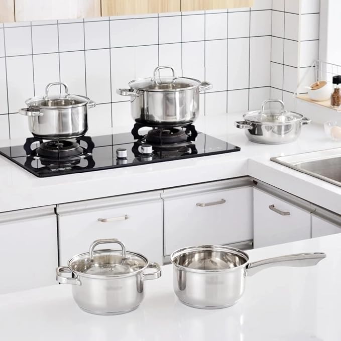 Cookware Set Stainless Steel 9-Piece Kitchen Cooking Pot&ampPan Non Stick Frying Saucepan Casserole Glass Lid