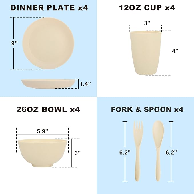 Kitchen Wheat Straw Dinnerware Sets for 4 Unbreakable Kids Dish Set 20 PCS - Dinner Plate/Cereal Bowl/Cup/Fork/Spoon for Outdoor Camping RV Apartment Essentials - Beige
