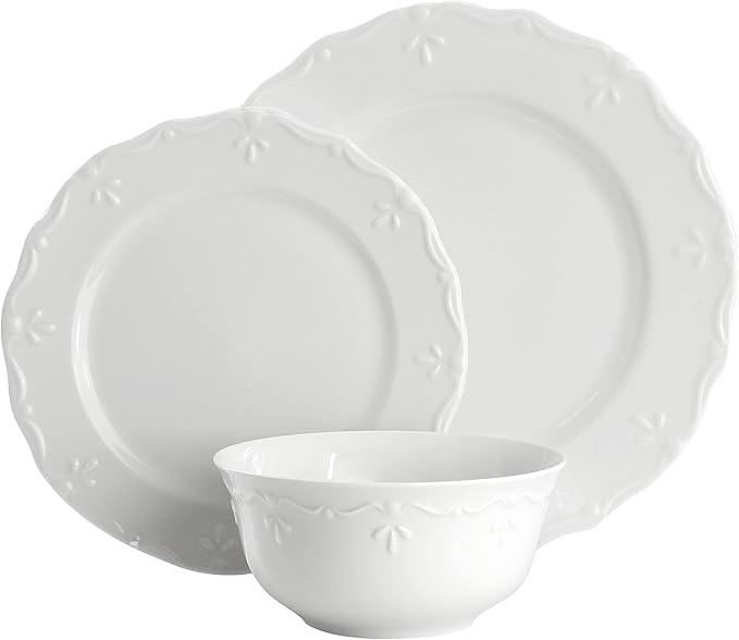Elama Henryi 18 Piece Embossed Rim Detail Porcelain White Dinnerware Set Tableware Set Serveware (18 Piece)