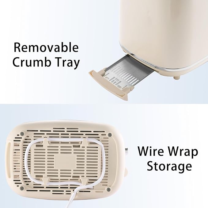 2-Slice Toaster Wide Slots 7 Bread Shade Settings Stainless Steel Bagel Cancel and Defrost Functions Removable Crumb Tray Retro Style ToasterBeige