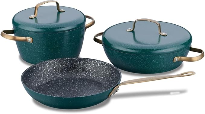 Korkmaz Vintage Cookware Set | 5 Pcs Nonstick Pot Set with Lid | Mixed Granite Casserole Set with Bronze Stay Cool Stainless Steel Handles | Cooking Set with Frying Pan | Oven Dishwasher Safe | Green
