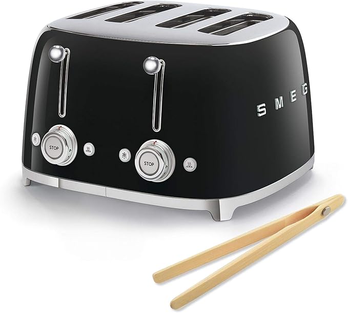 Smeg 50s Retro 4-Slot Toaster TSF03BLUS Bundle with Bamboo Tongs - Black