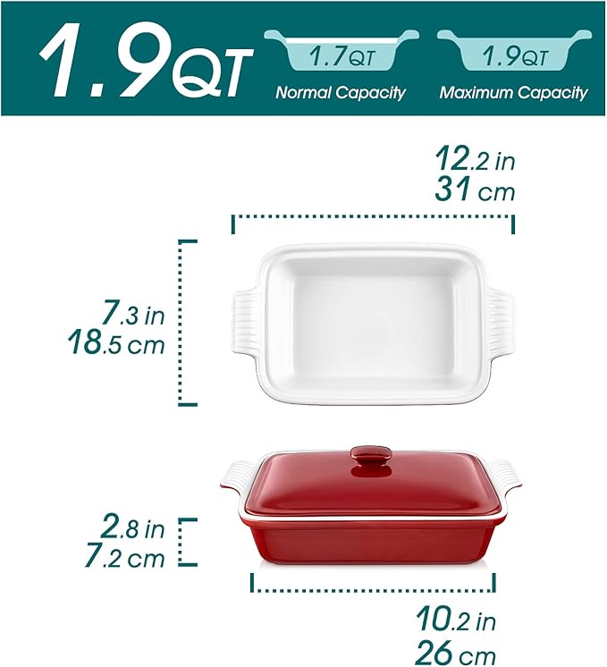 vancasso Blossom Casserole Dish With Lid 1.9 Quart Casserole Dish for Oven 12x7 Baking Pan with Handles Casserole Baking Dish Lasagna Pan with Lid Microwave Dishwasher Safe Red