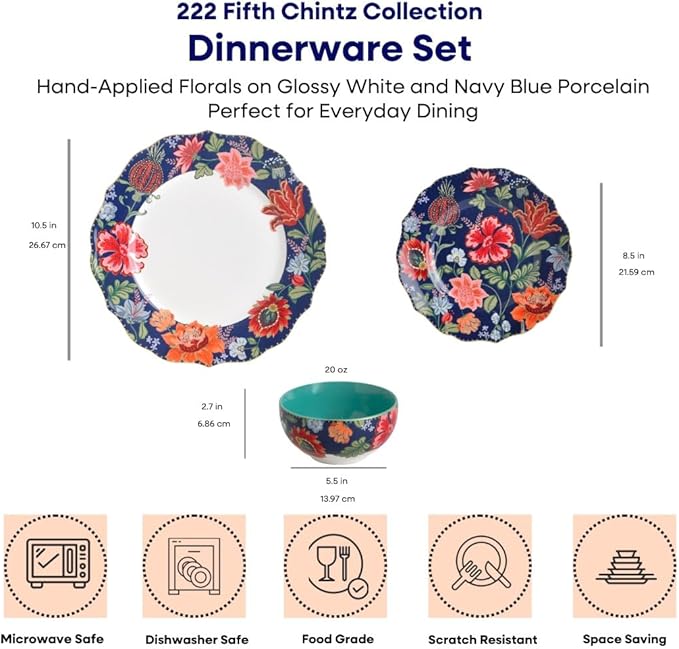 222 Fifth 12-Piece Porcelain Dinnerware Set for 4 White &amp Parisian Blue Plates and Bowls Set with Gold Rim Glossy Ceramic Dish Set with Detailed Floral Design Microwave &amp Dishwasher Safe C