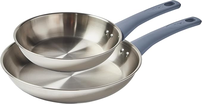 T-fal Essentials Stainless Steel Cookware Set 2-Piece 8 and 10.5 Induction Compatible Oven Safe 350F Pots and Pans Set Cooking Skillets Cookware Kitchen Frying Pans Silver/Blue