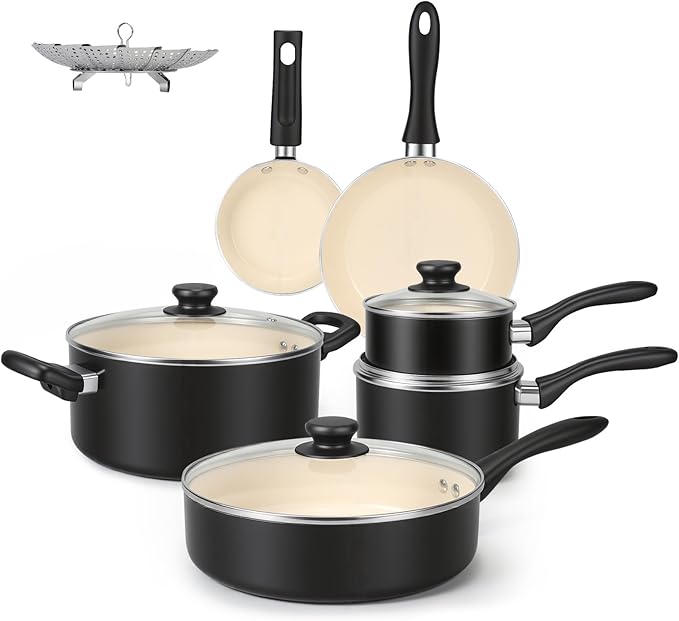 Amazon Basics 11-Piece Ceramic Non-Stick Pots and Pans Set Dishwasher &amp Oven Safe Easy Clean Glass Lids Black/Cream