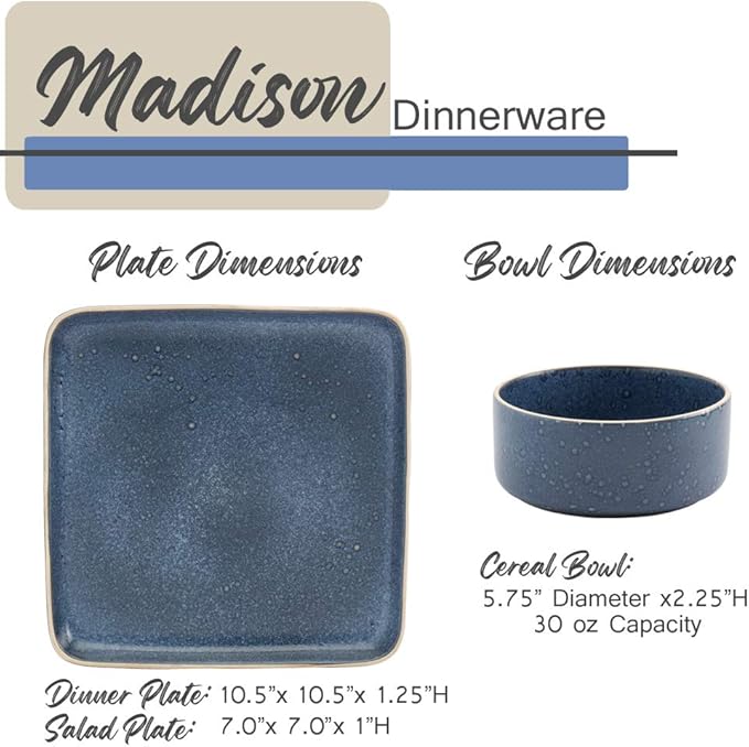 Tabletops Gallery Madison Fashion Dinnerware Collection- Square Contemporary Modern Reactive Glaze Dinner Salad Plate Bowl 4 Place Setting 12 Piece Madison Dinnerware set in Speckled Blue