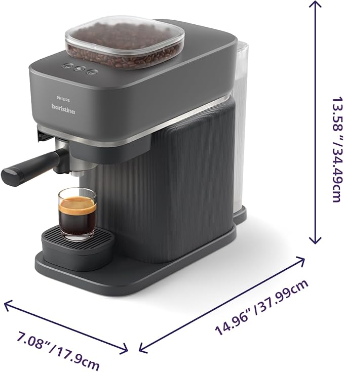Philips Baristina Espresso Machine Grind Tamp &amp Brew Coffee Beans in One Swipe Compact 16 Bar Pump Pressure Automatic Grinder Black with Black Portafilter (BAR300/60)