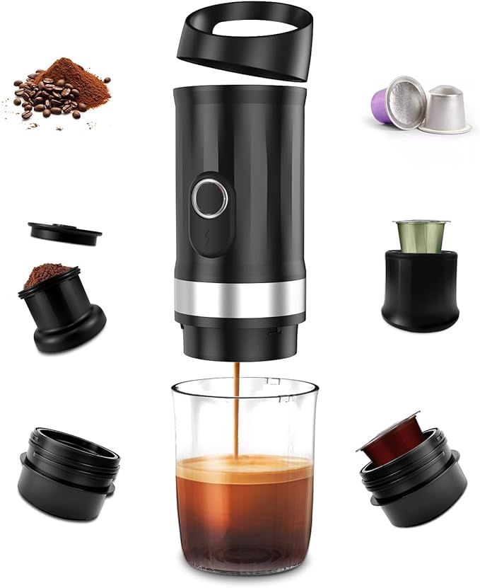 Portable Espresso Machine 3Minute Auto Heat12V Rechargeable Electri Coffee Maker 20 BaCompatible with NS DG Capsules and GroundCoffee for Camping Travelling RVing HikingandOffice (‌Charcoal black)