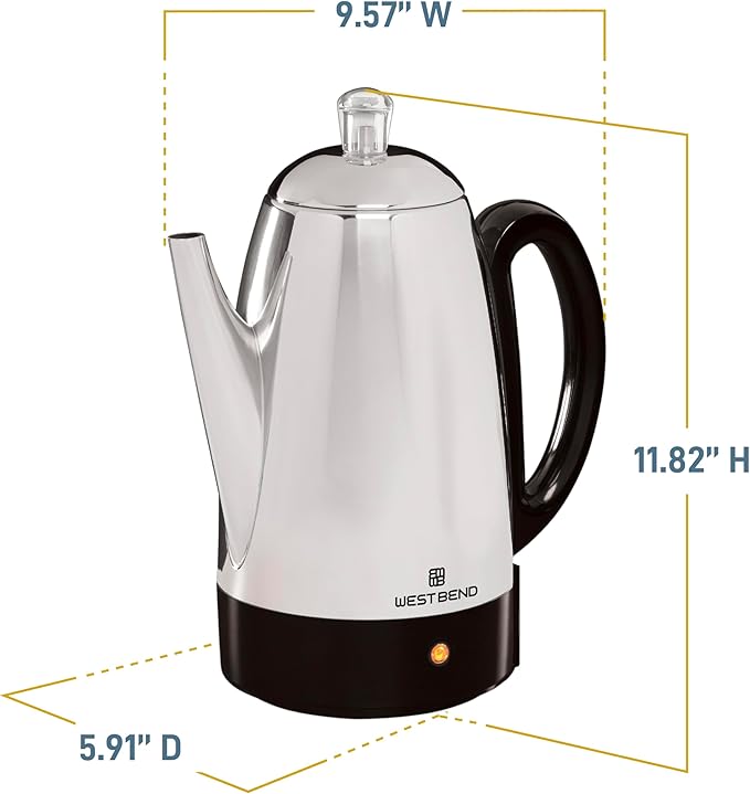 West Bend Electric Percolator Classic Style Coffee Maker with Heat Resistant Handle Base and Detachable Cord with Stainless Steel Stem and Basket 12-Cup Silver