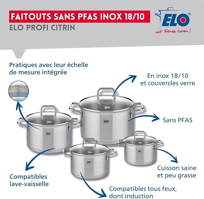 Elo Profi 9513350 7-Piece Cookware Set of 3 Frying Pans 24 28 and 32 cm and 4 Saucepans 12 14 16 and 20 cm Citrin Stainless Steel Induction