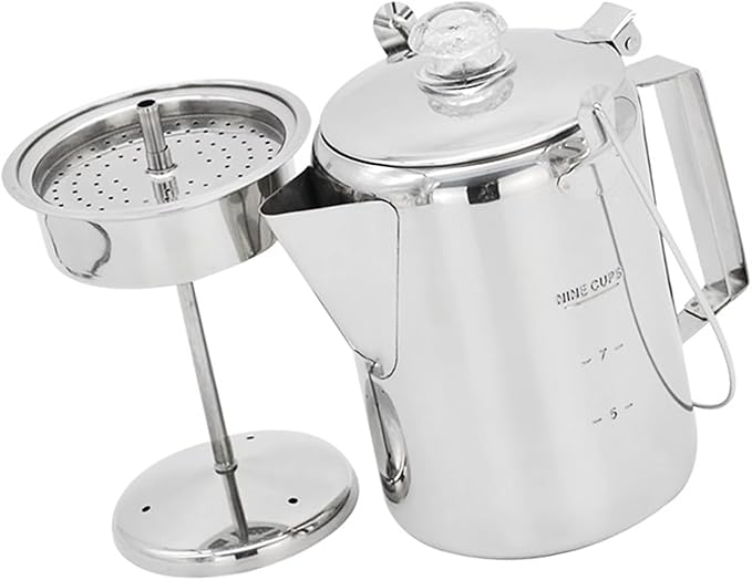 9 Cup Stainless Steel Percolator Large Capacity Coffee Pots Hinged Lid Coffee Maker for Camping and Home Kitchens Use