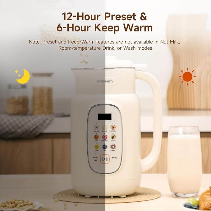 Joydeem Nut Milk Maker MachineAdjustable Temperature Control 46oz Almond Soy Oat Coconut Plant-Based Non-Dairy Beverage Blender with 10 Blades Auto Clean Boil Water Timer Keep Warm White
