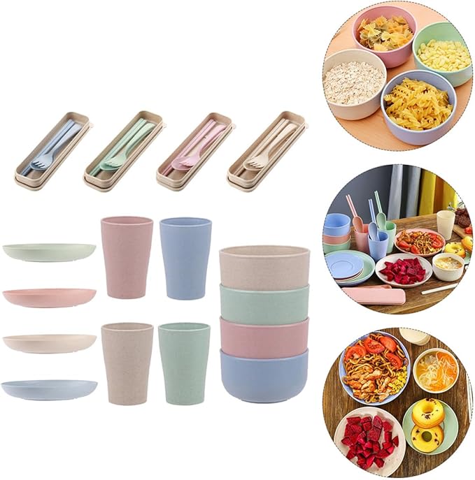 Portable Wheat Fiber Dinnerware Set 28pcs with Plates Bowls Cups and Cutlery Reusable Eco-friendly Tableware for Camping Travel and Everyday Use
