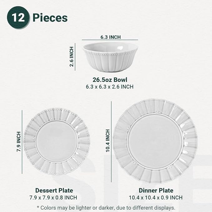 HOMBENE Dinnerware set 12 Piece plates and bowls sets for 4 Ceramic Modern dish set for party Porcelain dish set House gift Microwavable safe Light Grey