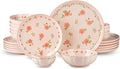 24 Pieces Gourmet Porcelain Dinnerware Sets Premium Plates and Bowls Set High-Fired Ceramic Dishes Set for 6 Microwave Dishwasher Safe Pink Peach Blossom Pattern.