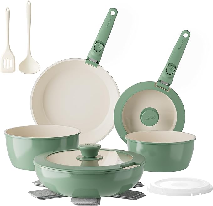 Redchef Ceramic Nonstick Pans and Pots Set Ceramic Cookware Set with Detachable Handles16Pcs Induction Dishwasher Oven Safe Kitchen Cooking Set PFAS PFOA &amp PTFE Free Green