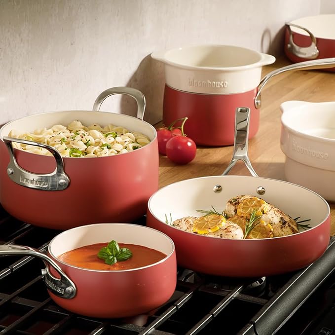 Bloomhouse - Two Time Oprah's Favorite Things Winner - 12 Piece Aluminum Pots and Pans Cookware Set w/Non-toxic Ceramic Non-stick Ceramic Steamer Insert &amp 12 Protective Care Bags - Terracotta Ora