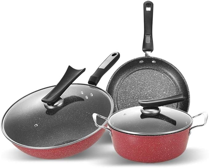 Wok Pan Cookware Set Non-Stick Wok Soup Pot Frying Pan Three-Piece Cooker Gas Stove Home Kitchen Cookware Combination for Cooking Frying (Black Fre