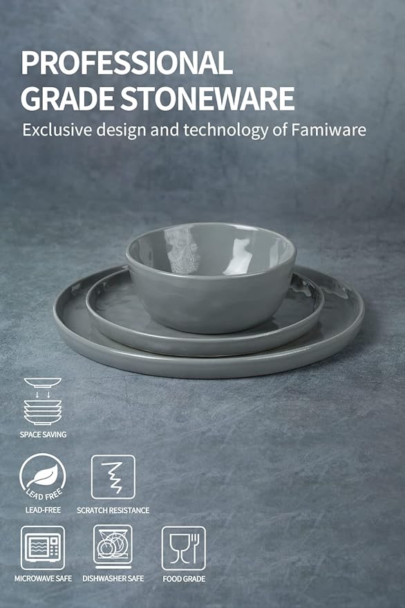 Famiware Mars Plates and Bowls Set 12 Pieces Dinnerware Sets Dishes Set for 4 Dark Gray