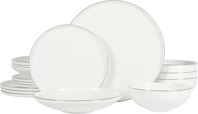 Gibson Elite Lana 16 Piece Bone China Double Plates and Bowls Dinnerware Set White w/Gold Rim